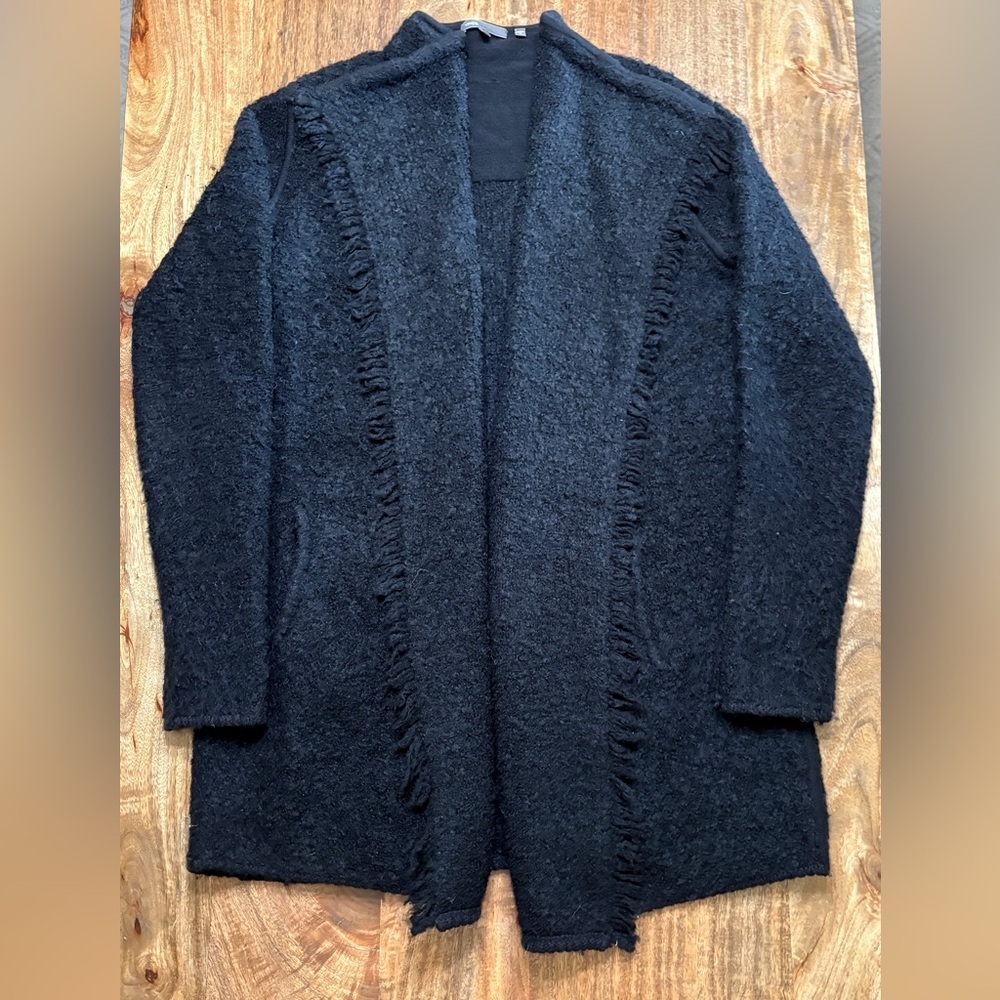 Vince Black Wool Open Front Fringe Longline Sweater Coat Size Small